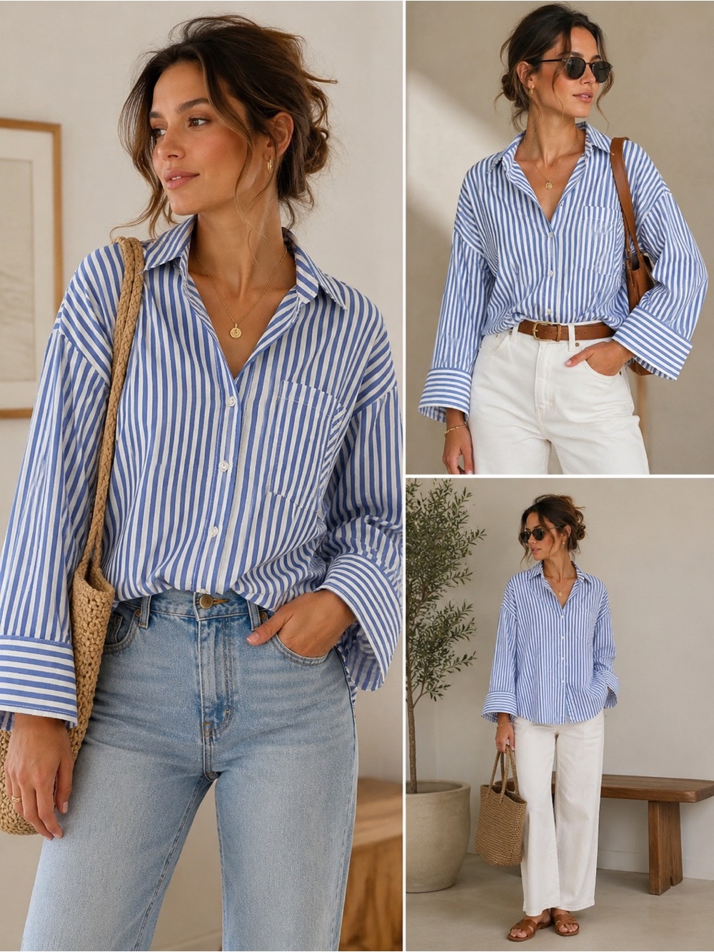 Free People Blue and White Striped Button-Down over size Shirt S
